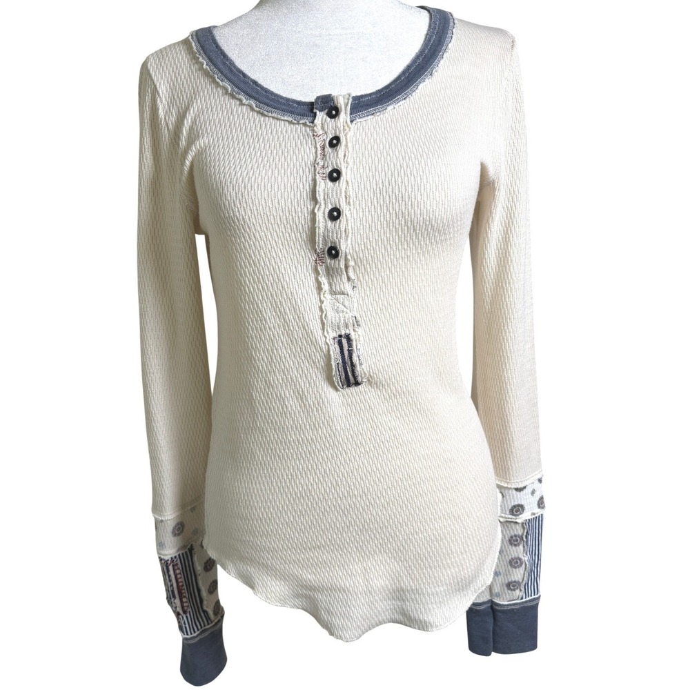 We The Free Henley Top Women M Cream Thermal Long Sleeve Patchwork Boho